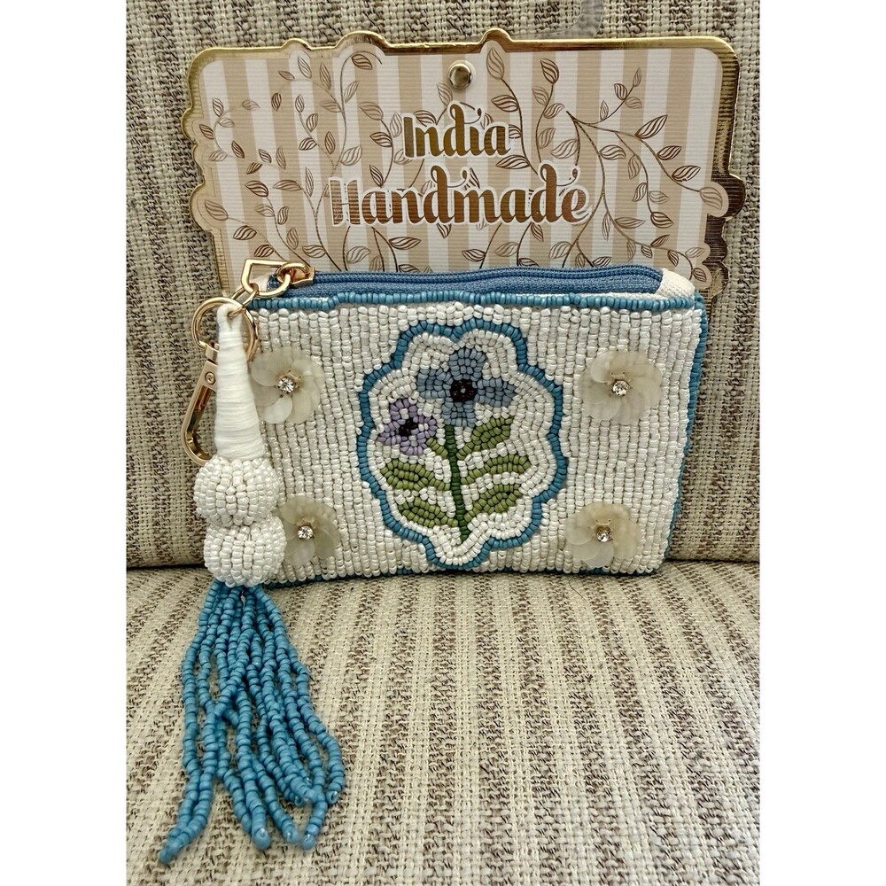 Made in India Handmade Beaded Floral Tassel Pouch Wallet White Blue Green Purple